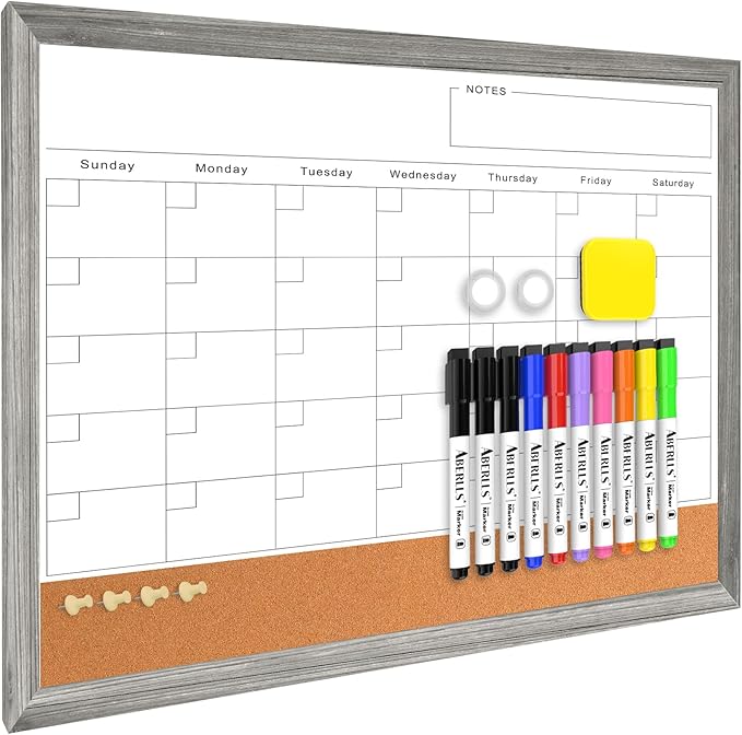 White Board Calendar Dry Erase Board for Wall, Magnetic WhiteBoard, 17"x13" | Hanging Board, Grey Wood Frame White Board and Cork Board Combo, Calendar Bulletin Board for Kitchen Planner Memo Office