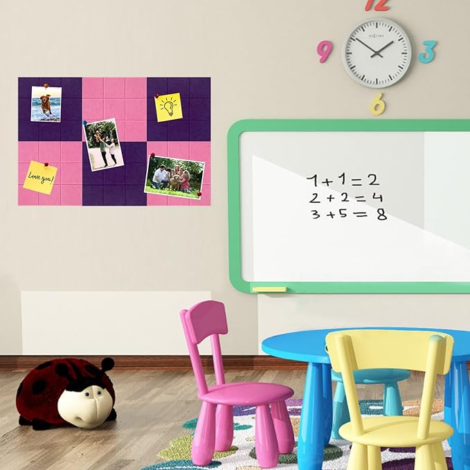Large Square Felt Cork Board Tiles, Self Adhesive DIY Felt Bulletin Board with 35 Pushpins for Office School Home Wall Decor Stickers Memos (Purple & Pink)