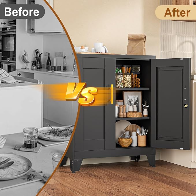36" Metal File Storage Cabinet with Lock,Steel Locker Organizer, Office File Cabinet with 2 Doors and 2 Adjustable Shelves,Outdoor Tool Garage Cabinets for Home Office,Gym,School,Warehouse(Black)