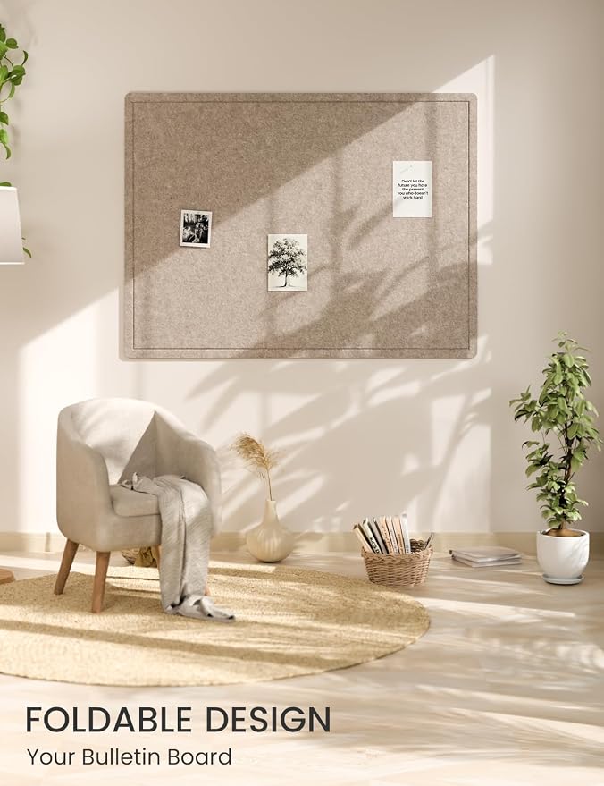 Fluxynara 47.2" x 35.4" Large Bulletin Board, Taupe | Cork Board Alternative with 24 Removable Adhesive Tabs, Foldable Felt Pin Board for Home, Office, Classroom & Dorm