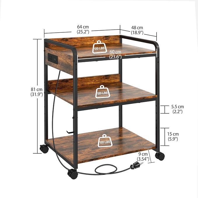 3-Tier Large Printer Stand with Power Outlet and Adjustable Storage Shelf | Printer Table for Home Office 25.2" x 18.9" Printer Cart with Wheels Rolling Cart for a CPU Tower or Shredder,Brown