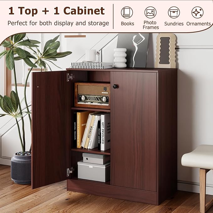 GIANTEX 2 Door Storage Base Cabinet (Brown) | 3-Tier Base Cabinet with Non-Slip Foot Pads, Kitchen Cupboard Storage Organizer for Living Room, Hallway, Entryway, Office