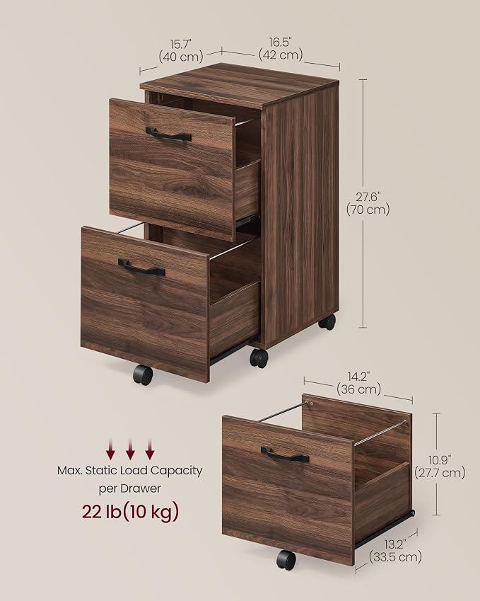VASAGLE Custos Collection - 2-Drawer File Cabinet for Home Office, Small Rolling File Cabinet, Printer Stand, for A4, Letter-Size Files, Hanging File Folders, Natural Walnut UOFC040K101S