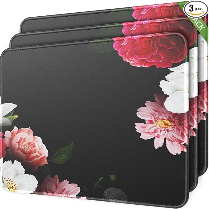 MROCO Mouse Pad 3-Pack [30% Larger] with Anti-Fray Stitched Edges, Premium Waterproof Surface, Non-Slip Rubber Base, Computer & Gaming Mouse Mat for Laptop, Office & Home, 8.5 x 11 in, Black Flower