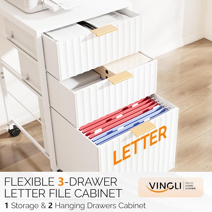 VINGLI 3 Drawer Fluted File Cabinet, Rolling File Cabinet Mobile Under Desk File Cabinet with Wheels, Fabric Drawers Printer Stand for Home Office, Fits Letter Size, White