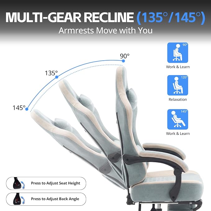 Desk Computer Gaming Chair - Ergonomic Game Office Chair with Extended Footrest and Massage Lumbar Support, Home Gamer Video Game Chairs with Spring Cushion for Adults (Pro Blue Fabric)