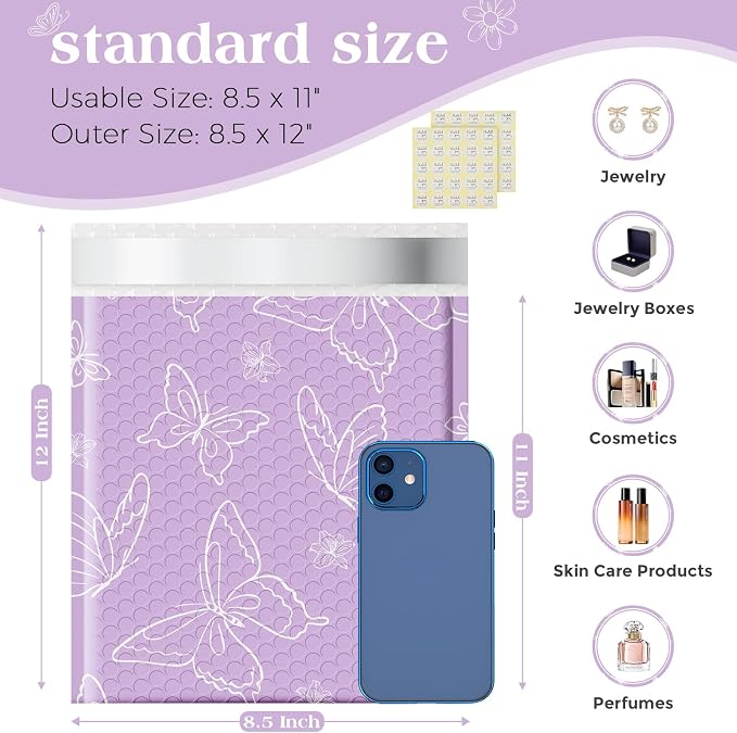 Metronic Cute Design Bubble Mailers 8.5x12 Inch 40 Pack Purple Butterfly | Usable Size 8.5x11 Waterproof Padded Envelopes for Small Business, Cushioning Bubble Bags, Shipping Envelopes for Gift, Books