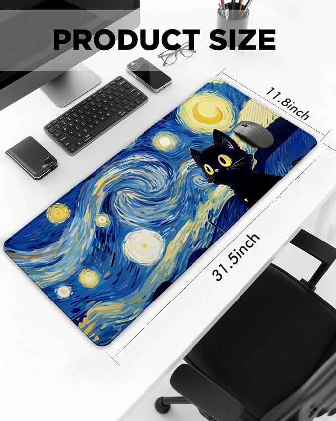 Mouse Pad, Desk Mat, 31.5x11.8in Large Mousepad | Desk Pad with Stitched Edge & Rubber Non-Slip Bottom, Gaming Mouse Pad, Mousepad for Home, Office, Blue Starry Sky Cat