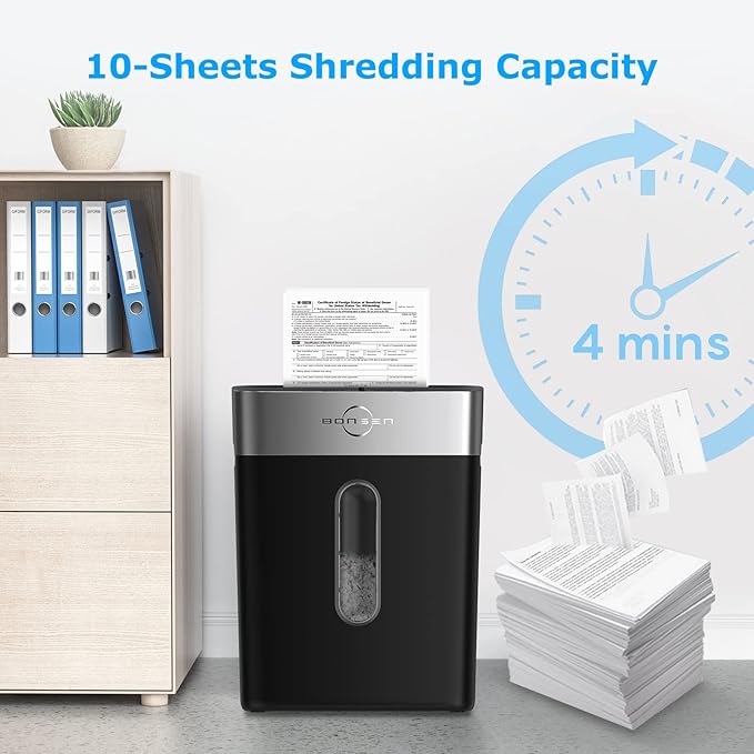 BONSEN Paper Shredder for Home Office, 4 Gallons Bin, 10-Sheet Cross-Cut Shredder, P-4 High Security Level, Quiet Credit Card Shredder with Jam Proof System (S3201)