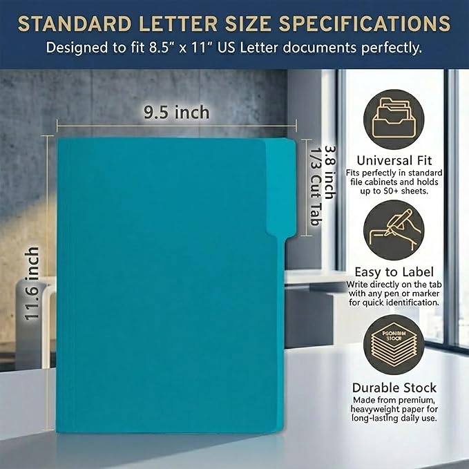 100 Packs Royal Blue File Folder,Paper File Folders Letter Size,1/3-Cut Tabs,8.5x11 Inch File Folders for Office Filing,School Projects and Home,Organizer Documents