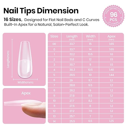 Beetles Tipex Lite Instant Apex Nail Tips, Long Coffin, 16 Sizes | 00–14, Built-in Apex Acrylic Tips for Flat & Natural Nail Beds, Beginner-Friendly Easy DIY Nail Extensions