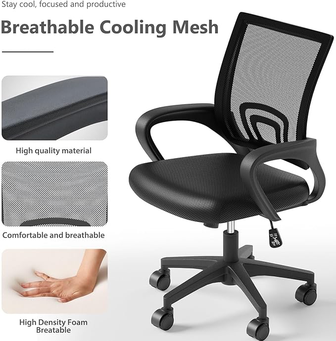 Home Office Chair, Ergonomic Mid-Back Mesh Desk Chair with Lumbar Support, Adjustable Swivel Rolling Design, Comfy Armrest for Work, Study, Gaming, Vanity, Black