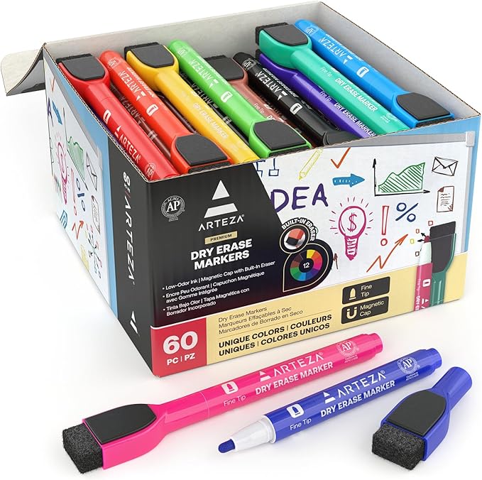 ARTEZA Magnetic Dry Erase Markers with Erasers – 60-Pack Fine Tip Whiteboard Pens in 12 Assorted Low-Odor Colors for Office, Classroom & Planning Use