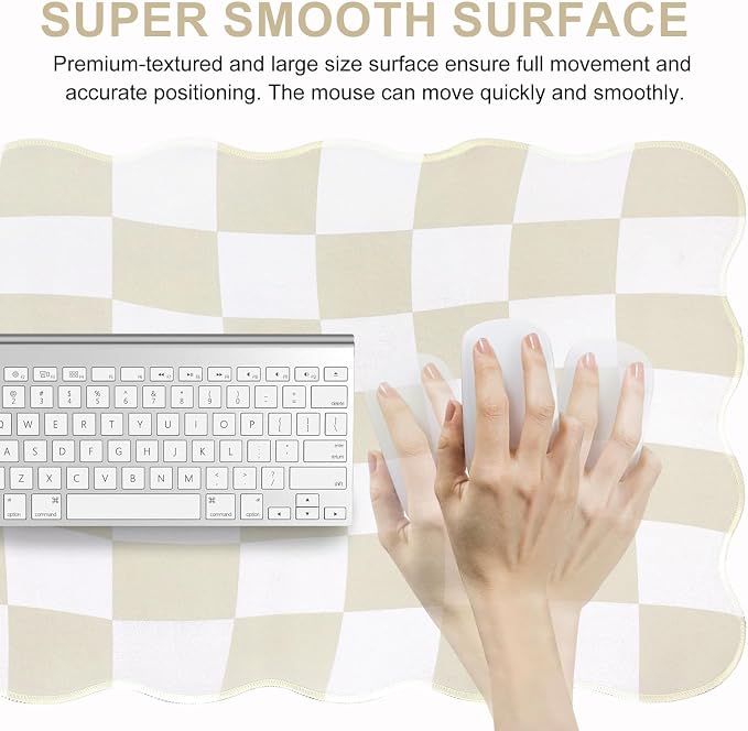 L-SPOUTTO Beige Checkered Mouse Pad,Scalloped Desk Mat XXL Gaming Mousepad | Geometric Large 35.4x15.7in Non-Slip Rubber Base Keyboard Pad Waterproof Desktop Mat for Laptop Computer Game Home Office