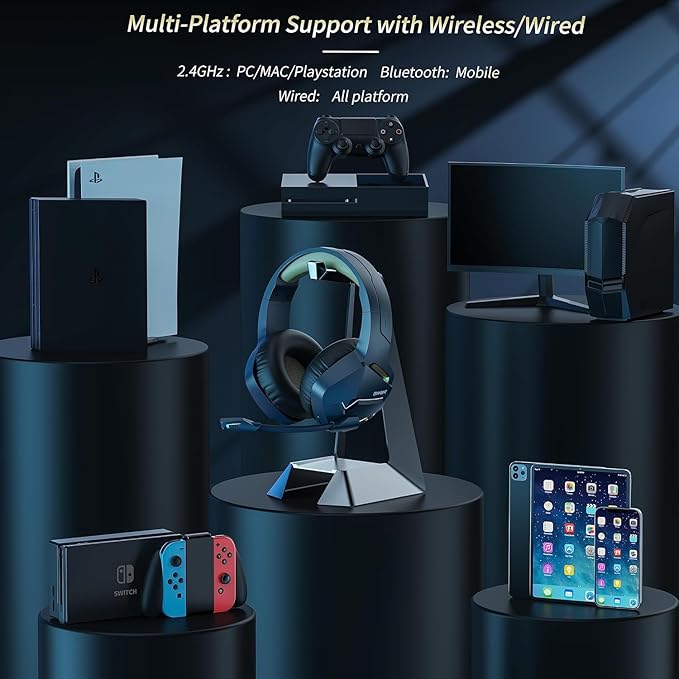 BINNUNE Wireless Gaming Headset for PS5 PC, 120H Ultra-Long Battery, 2.4GHz & Bluetooth 5.3 Wireless Gaming Headphones, PS5 Hadset Wireless with Mic, 50mm Drivers, Comfort Over Ear Headphones,Gold