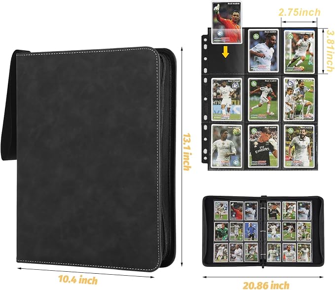 GERMUN 3 Ring 9 Pocket Zipper Card Binder, 720 Double Sided Standard PU Trading Card Album Folder for TCG & Sports Cards, Not Fit Top Loaders (Black1)