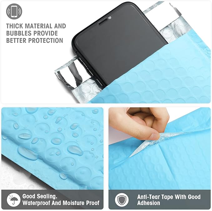 Metronic Light Blue Bubble Mailers 4x8 50Pack Small Bubble Mailers, Self-Seal Padded Envelopes, Padded mailers for Shipping, Packaging for Business Usable Size 4x7