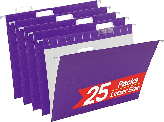 Purple Hanging File Folders Letter Size,25 Pack Reliable Hanging Folders for Filing Cabinet,Reinforced Rods for Smooth Gliding,Includes 1/5 Adjustable Tabs & Inserts,Ideal for Home & Office