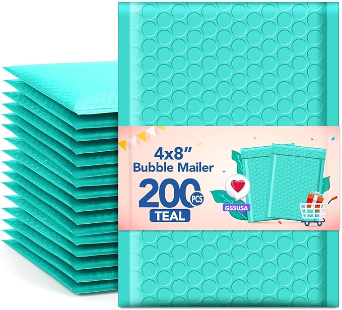 GSSUSA Teal Bubble Mailers 4X8" 200 Pack Usable Size 4x7" Padded Envelopes Small Shipping Mailer Strong Adhesion Bubble Envelope,Self-Seal Mailing Envelopes for Small Items, Business