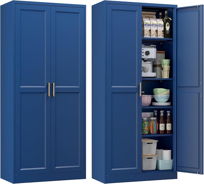 71" Tall Metal Kitchen Pantry Cabinet, Storage Cabinet with Doors | Kitchen Cabinet with 4 Adjustable Shelves, Tall Food Pantry Cabinet, Blue Cupboard for Kitchen, Dining Room, Garage & Office