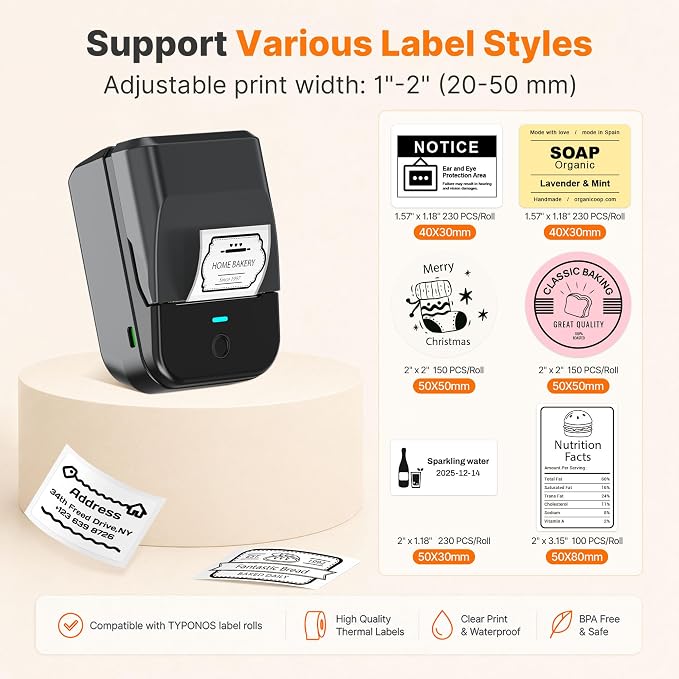 PM240 Label Maker Machine with Tape, Label Printer Black, Set 1 | 2'' Bluetooth Thermal Sticker Label Maker for Small Business, School Supplies, Classroom, Home Office with Multiple Templates