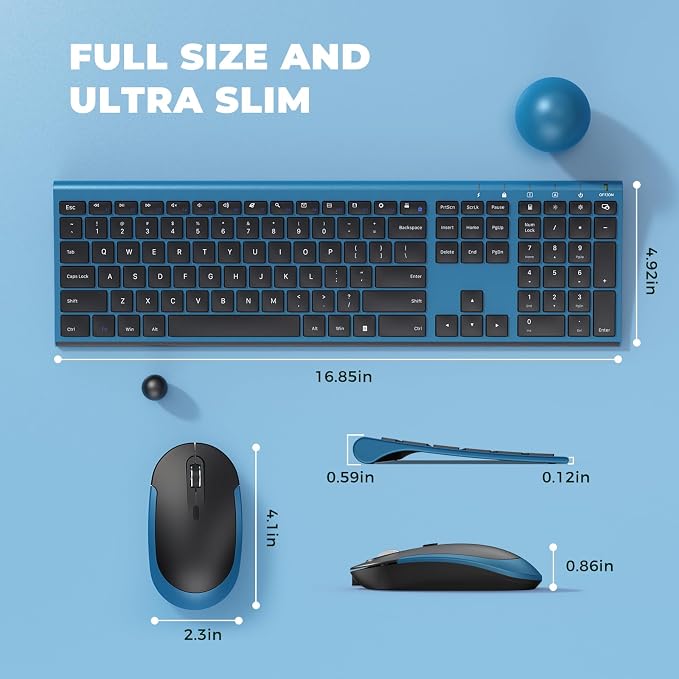 Vssoplor Wireless Keyboard and Mouse, Rechargeable Ultra Slim, Black Blue | Quiet Full-Size Keyboard and Mouse Combo Set, for Laptop, PC, Notebook, Desktop, 2.4GHz Stable Connection, Ideal for Office