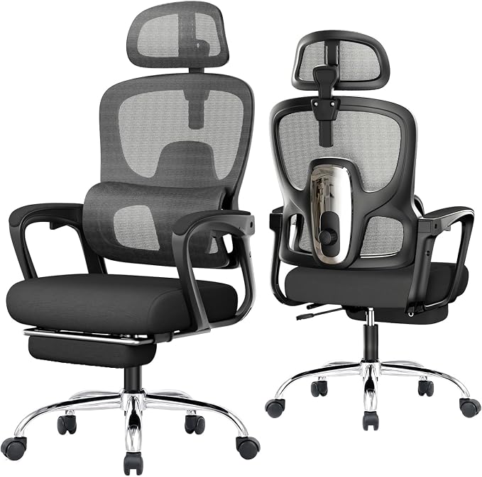 Ergonomic Office Chair with Footrest, 90-145° Reclining Desk Chair with Adjustable Lumbar Support & Headrest, High Back Mesh Computer Chair for Home Office/Gaming, 350lbs Capacity