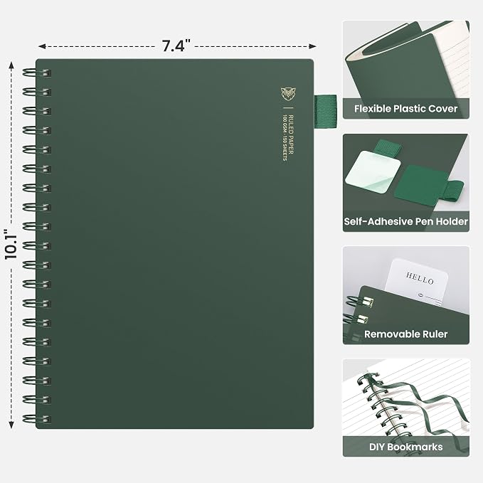EMSHOI Lined Spiral Journal Notebook, 300 Pages, B5 Size (7.4'' x 10.1'') | College Ruled, 100 GSM Thick Paper, Flexible Plastic Cover, for School, Writing, Work, Office & Journaling (Deep Green)