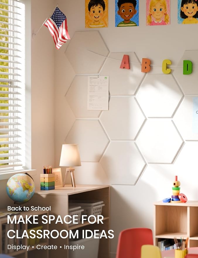 Fluxynara 8-Pack Hexagon Felt Bulletin Board Tiles, Milky White | Cork Board Alternative with 50 Adhesive Tabs for Notes, Photos and Reminders in Home Offices, Dorm and Classrooms