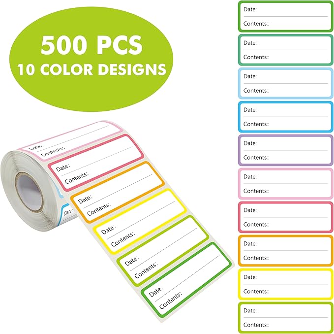 500 PCS Food Labels, Removable Water/Oil/Tear Resistant Food Reminder Stickers Self-Adhesive 10 Colored Freezer Labels in Roll with Perforation Line for Containers, Jars, Kitchen Organization