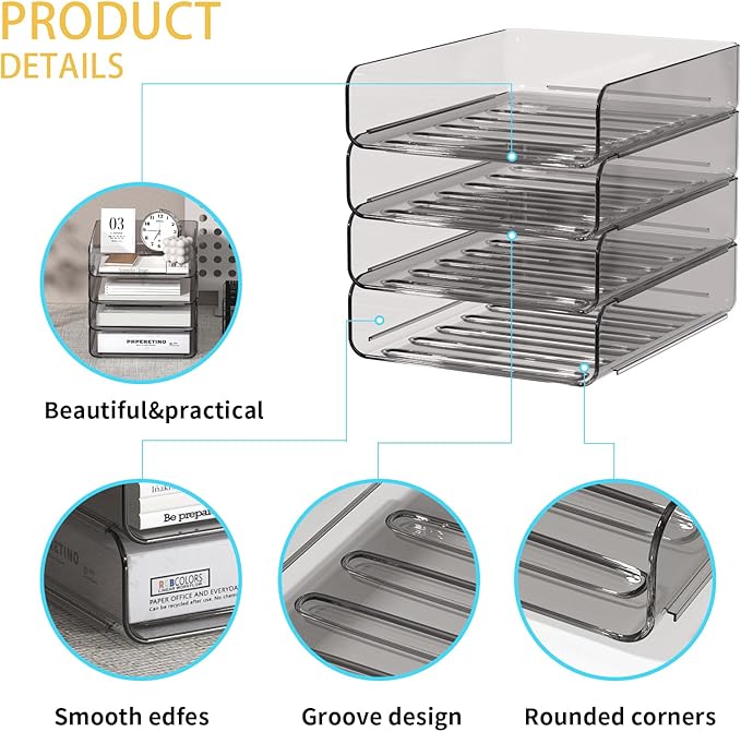 4-Tier Acrylic Paper Tray Organizer | Clear Stackable Desk Organizer for Documents, Letters, A4 Paper | Modern Office/Classroom/Home Organization,Brown