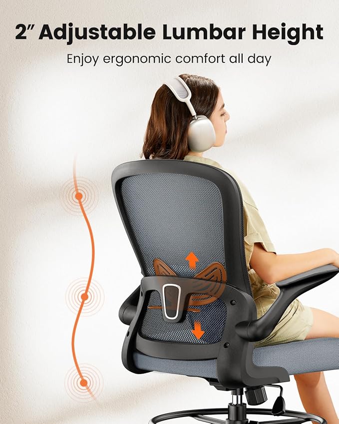 ErGear Drafting Chair,Tall Office Chair with Flip-Up Armrests, High Desk Chair Adjustable Height and Adjustable Footrest Ring, Ergonomic Standing Desk Chair with Lumbar Support, Blue,4 Pack