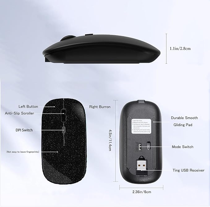 Wireless Bluetooth Mouse Rechargeable Laptop Mice Silent Slim Use(Bluetooth5.2 and Portable 2.4GHz USB Receiver)Dual Mode Computer Mouse for Laptop/iPad/Tablet/Apple/Computer/Mac(Bright Black)