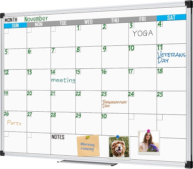 XBoard Magnetic Calendar Whiteboard 48" x 36", Monthly Calendar Dry Erase Board, Silver Aluminium Framed Planning Board for Home Office School