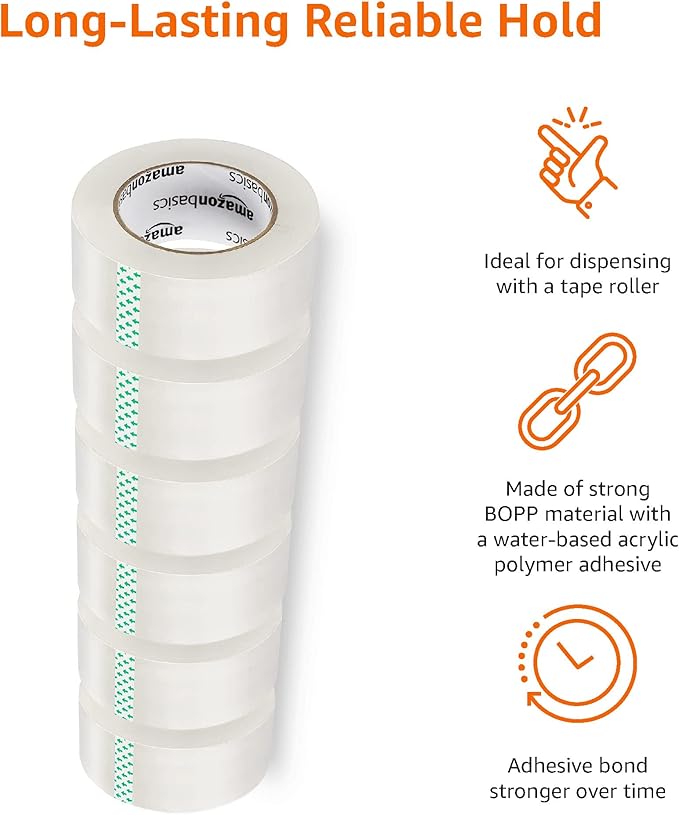 Amazon Basics Strong Adhesive Packing Tape for Moving Boxes, Shipping and Sealing, Clear, 1.88" x 109 Yards, 6-Pack, Total 654 Yards