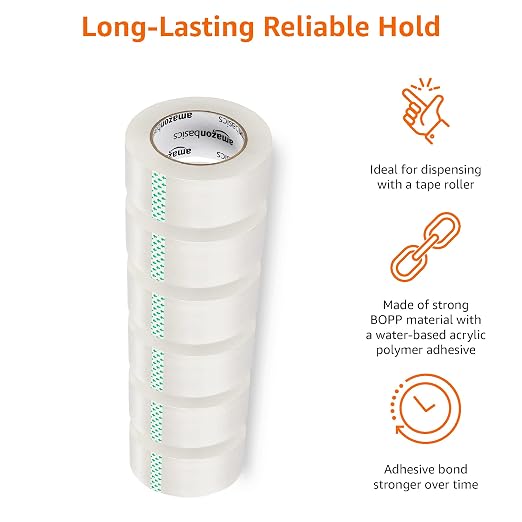 Amazon Basics Strong Adhesive Packing Tape for Moving Boxes, Shipping and Sealing, Clear, 1.88" x 109 Yards, 36-Pack, Total 654 Yards
