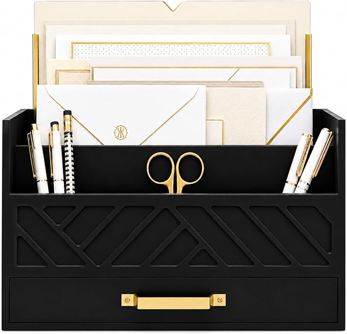 BLU MONACO | Wooden Mail Organizer with Drawer and Gold Handle | Mail Sorter Organizer Countertop for Desk | Outgoing Mail Holder and Letter Sorter for Desk Storage