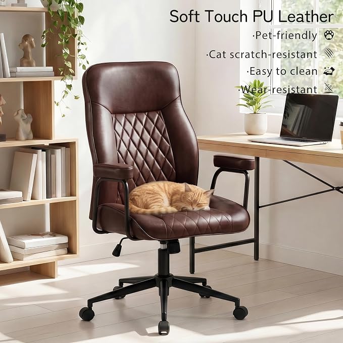 Leather Office Chair, Comfy Home Office Desk Chair, Mid Century Modern Office Chair with Lumbar Support, Mid-Back Adjustable Swivel Computer Chair with Wheels and Arms, Dark Brown