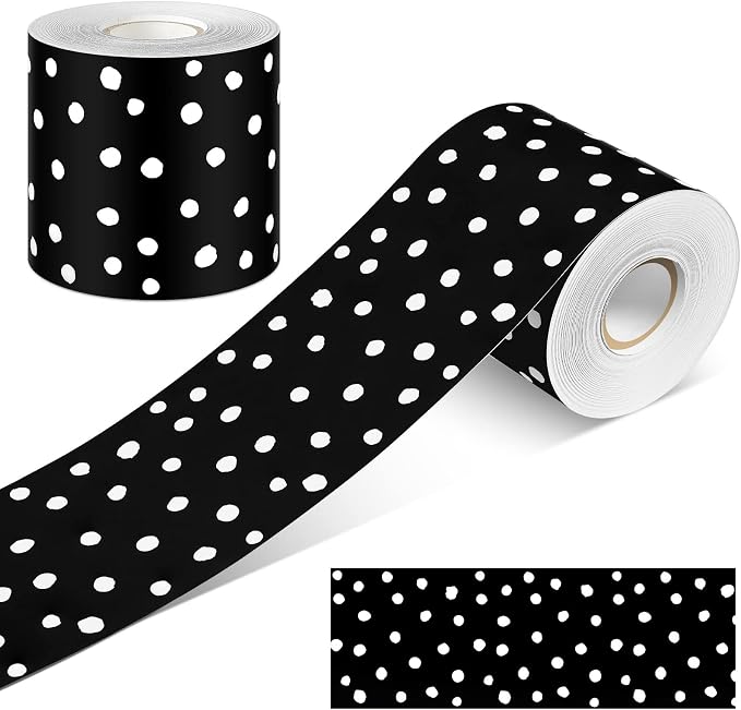 Zonon 65 Feet Bulletin Board Borders Black White Polka Dots Rolled Trim | Classroom Back to School Decoration, Scalloped Wavy Edge Design, Straight Trim for Bulletin Boards, Decorative Display