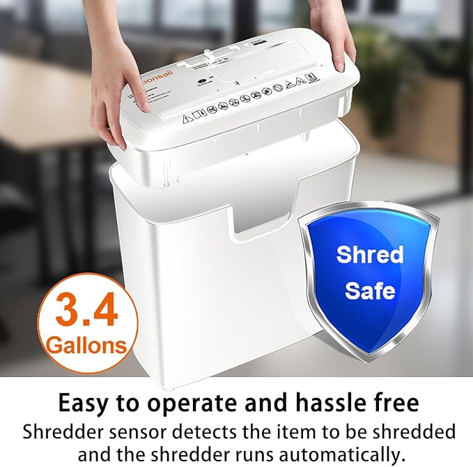 Bonsaii 12-Sheet Crosscut Paper Shredder for Home Office, P-4 Security, 5-Minute Continuous Run Time, Overheat Protection, 5.5-Gallon Bin with Clear Window & Handle, Compact White Design