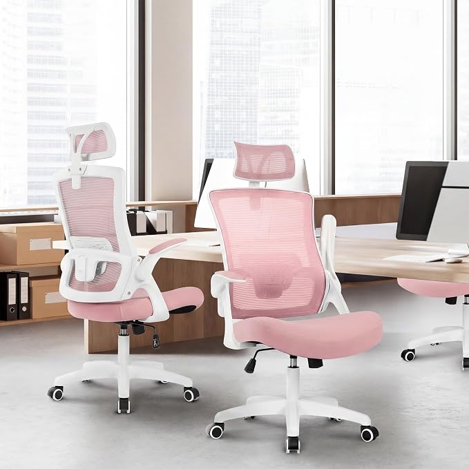NEO CHAIR Office Desk Chair with Ergonomic High Back Mesh Headrest, Pink | Adjustable Headrest and Lumbar Support with Flip-Up Armrests Designed for Extended Sitting Comfort While Saving Space