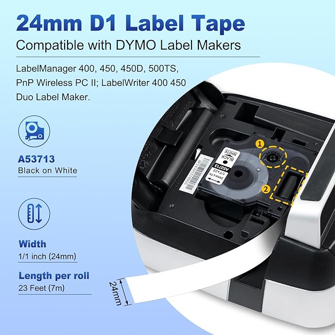 6X Replace for Dymo 1 Inch D1 Label Tape 53713 24mm Black on White Cassette S0720930 for DYMO LabelManager 450D 640 500TS PnP 400 450 Duo Label Maker, 1'' W x 23' L