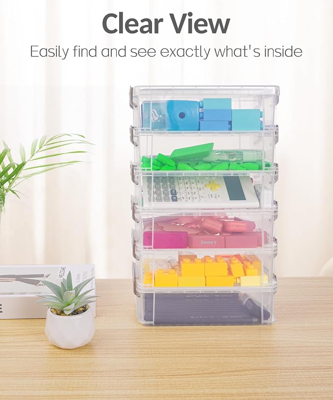 Sooez 6 Pack Extra Large Pencil Box, Plastic Pencil Case Crayon Box | Clear Marker Organizer Plastic Containers with Lid, Stackable Storage Boxes for Art Craft,Back to School Supplies, Multi