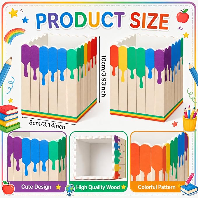Sherr 2 Pcs Wood Pencil Holder Art Painting Classroom Decor Pen Holder for Classroom Back to School Wooden Crayon Organizer Pencil Storage for Teacher Students First Day School Gifts Office Desk