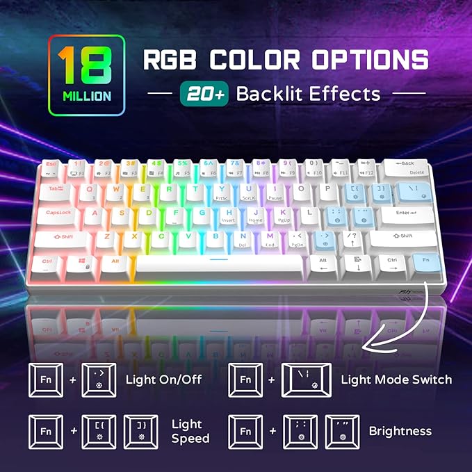 RK ROYAL KLUDGE RK61 60% Gaming Keyboard, Wired RGB Mechanical Keyboard with No-Conflict 61 Keys, Hot Swappable PC Game Keyboards for Windows Mac, Quiet Red Switch-White