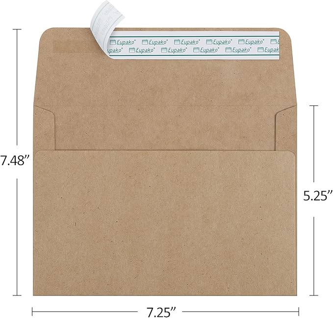 Eupako 5x7 Envelopes Self Seal 100 Pack, Brown A7 Envelopes, Kraft Paper Envelope for 5x7 Cards, Photos, Invitations, Wedding, Graduation, Baby Shower, 5.25 x 7.25 Inches