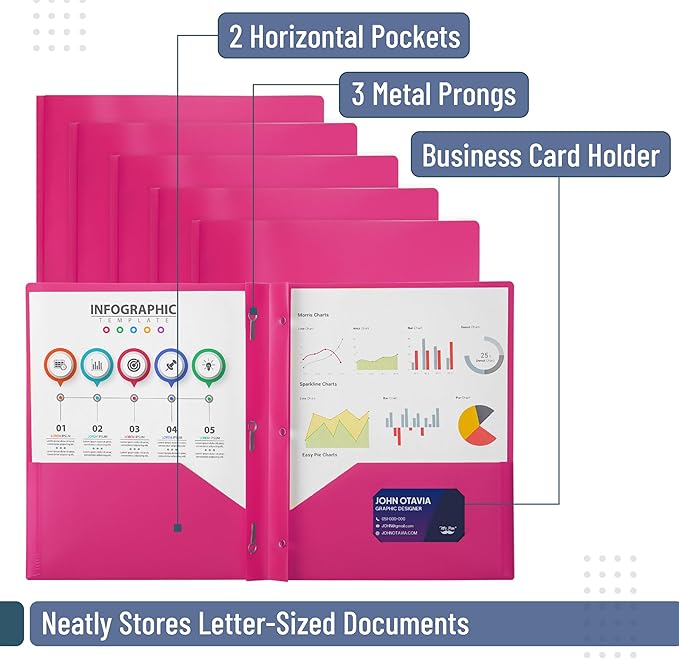 Mr. Pen- Plastic Folders with Pockets and Prongs, 5 Pack, Pink, Pocket Folders, Folders with Prongs, File Folders with Fasteners, 2 Pocket Folder, Folder with Pockets