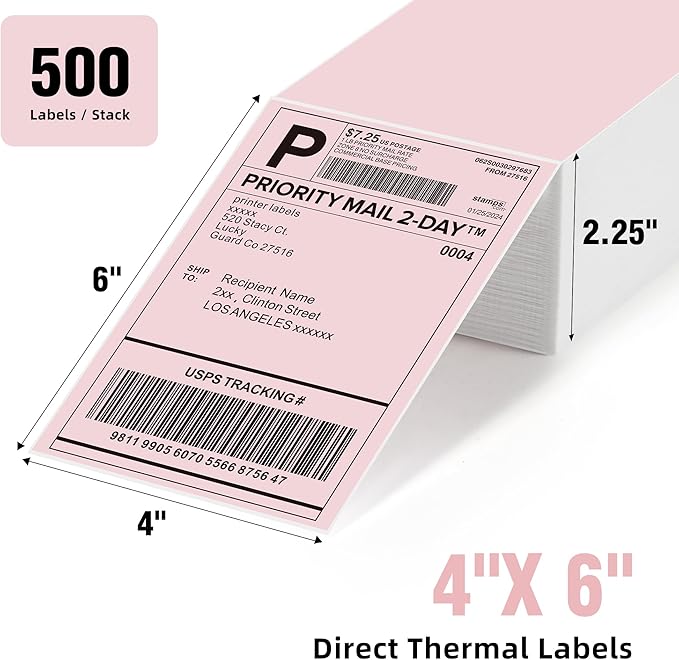 4"x6" Pink Direct Thermal Labels, 500 Fanfold Shipping & Address Label Paper, Self-Adhesive Stickers for Thermal Printer, 1 Stack