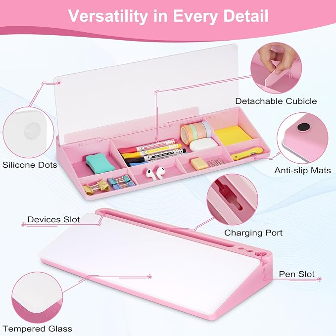 Desktop Glass Whiteboard with Storage, Desk Dry Erase White Board Pink | Computer Keyboard Stand, Office Desk Organizers and Accessories with Drawer, To Do Memo Notepad, Home School Supplies