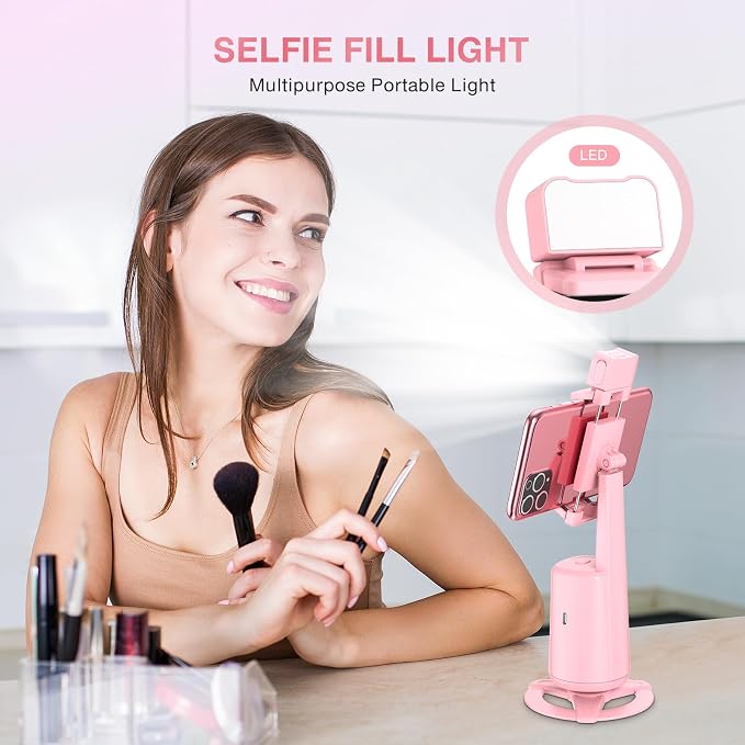 Auto Face Tracking Tripod 360° Rotating Cell Phone Photo and Video Kits Stand, No App, Camera Stand with Remote and Gesture Control, Rechargeable Smart Shooting Stand for Live Recording Tiktok（Pink）